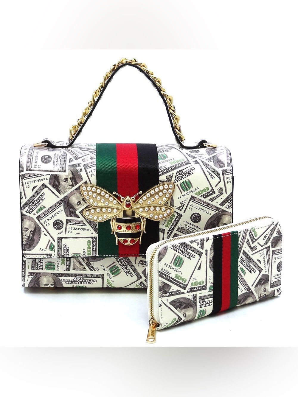 White Money-Print Top Handle Bag with Green-Red-Black Stripe and Bee Accent - Picture 2 of 3